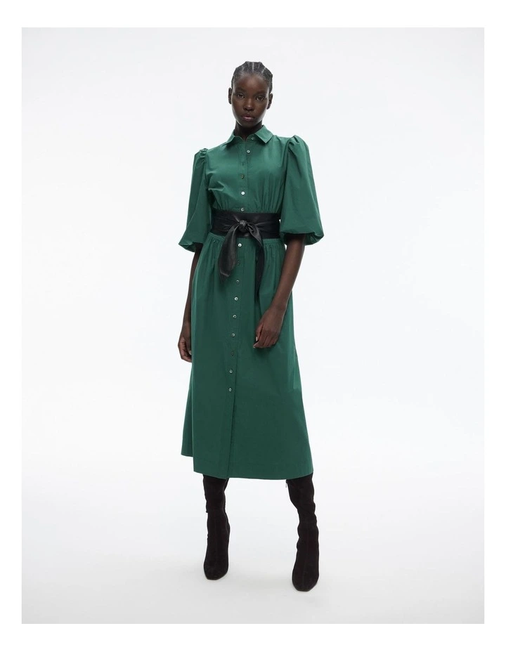 Cotton Bodice Detail Dress in Petrol Green image 1