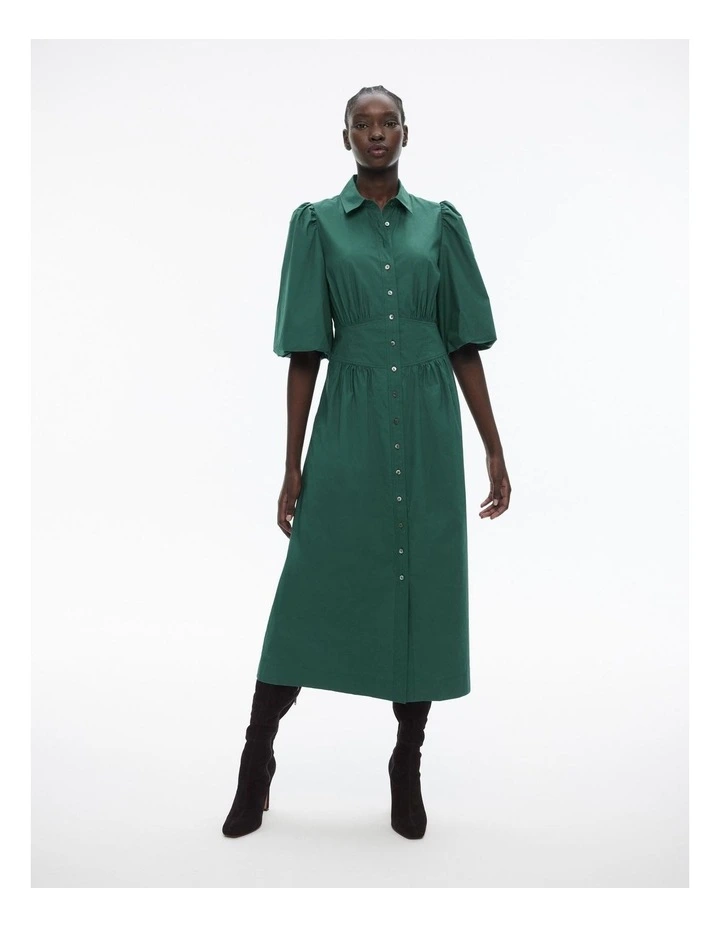 Cotton Bodice Detail Dress in Petrol Green image 4