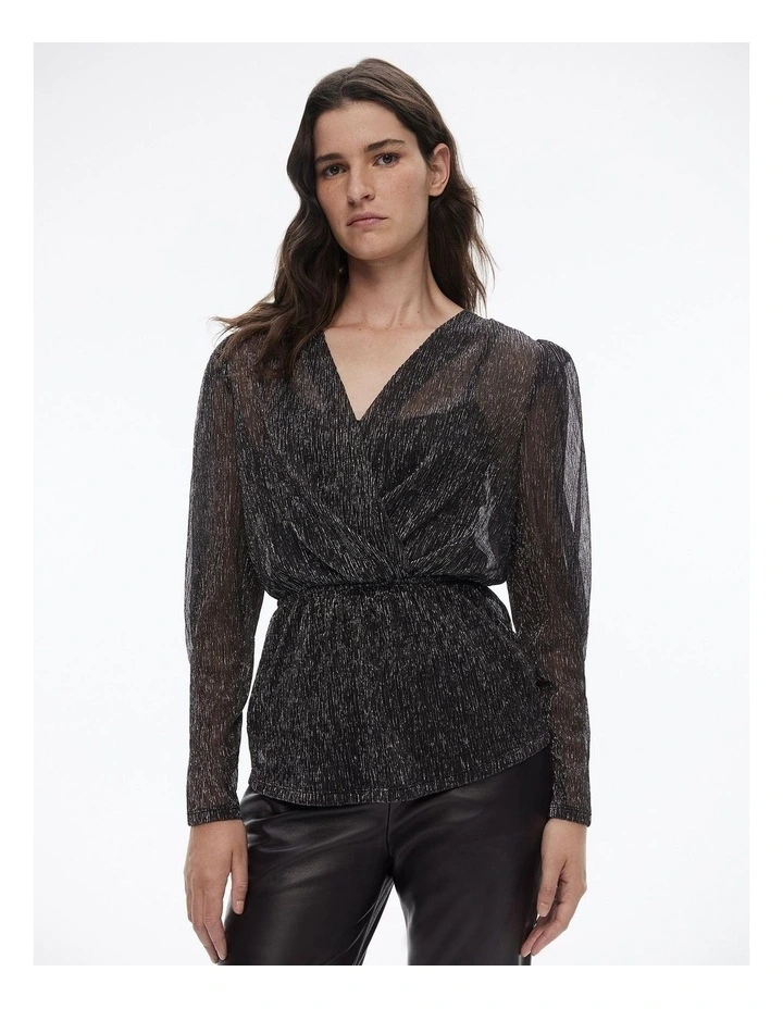 Mesh Metallic V Neck Top in Black image 2