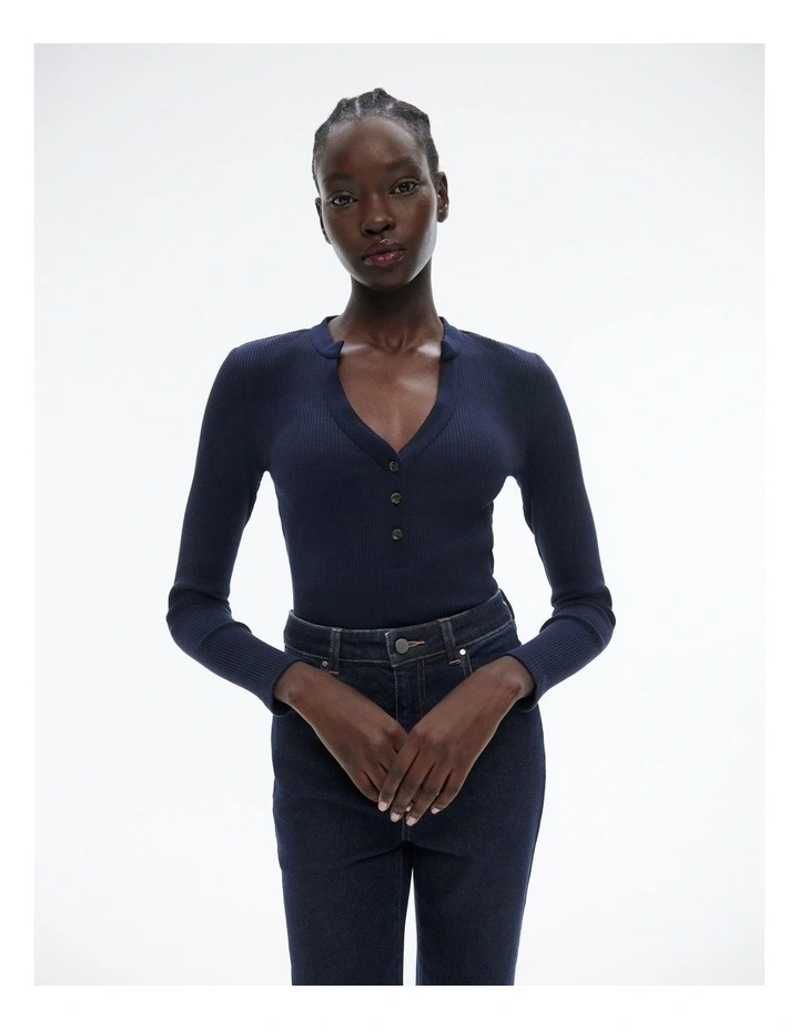 Cotton Blend Rib Henley Long Sleeve Top in Regatta Blue image 1
