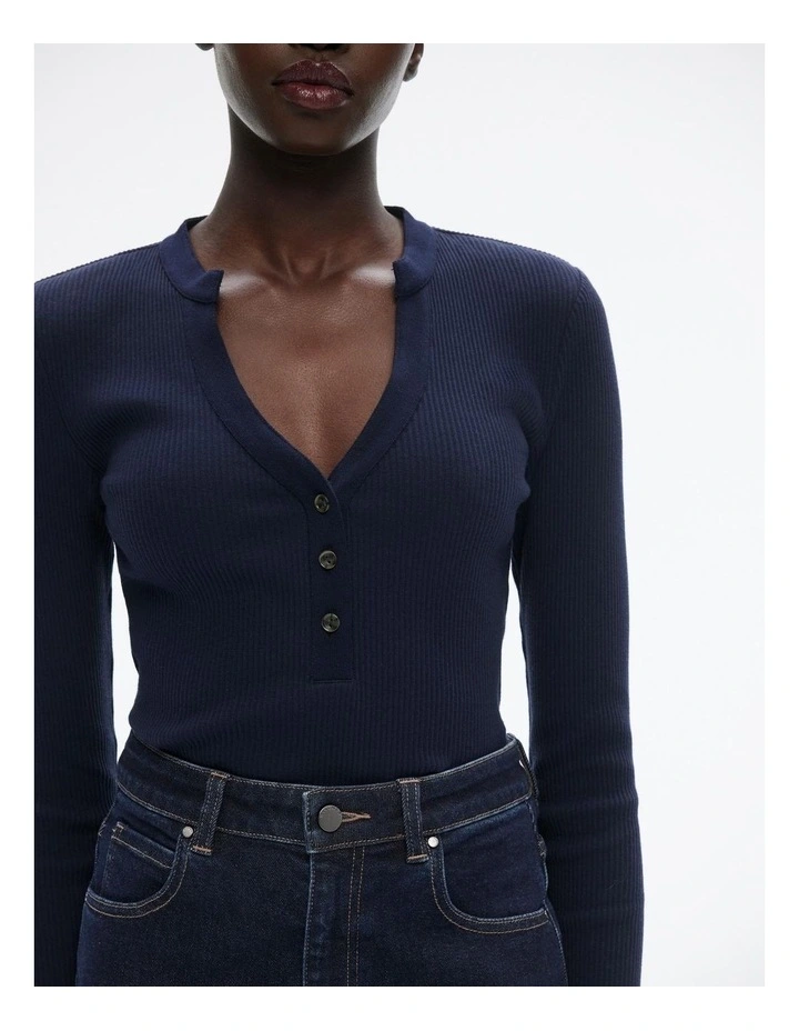 Cotton Blend Rib Henley Long Sleeve Top in Regatta Blue image 2