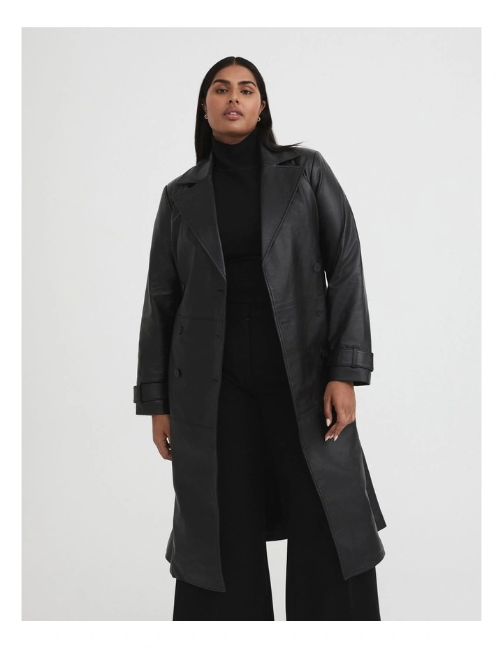 Leather Double Breasted Coat in Black image 1