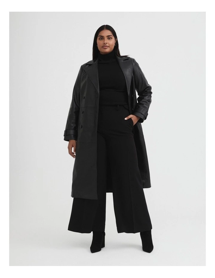 Leather Double Breasted Coat in Black image 2