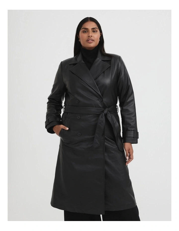 Leather Double Breasted Coat in Black image 3