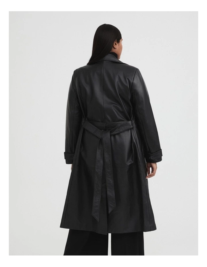 Leather Double Breasted Coat in Black image 5