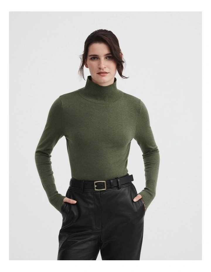 Wool Blend High Neck Knit in Olive image 2