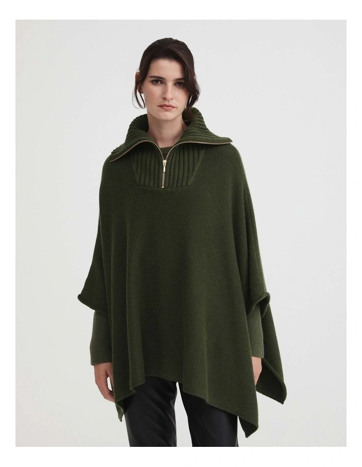 Rib Neck Poncho in Olive image 1