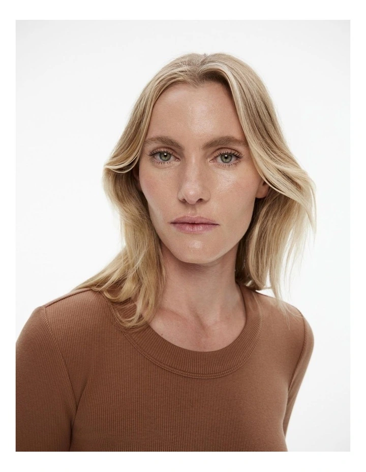 Long Sleeve Rib Top in Camel image 3