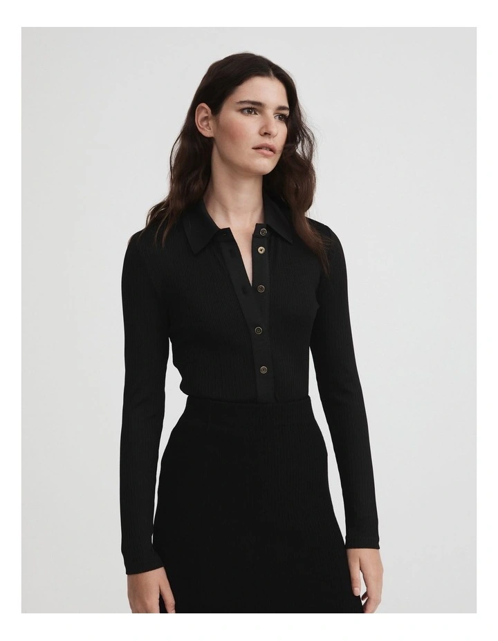 Witchery Rib Button Through Top in Black MYER