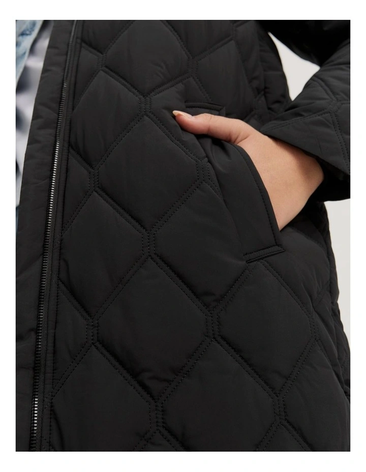 Recycled Polyester Longline Puffer Jacket in Black image 2