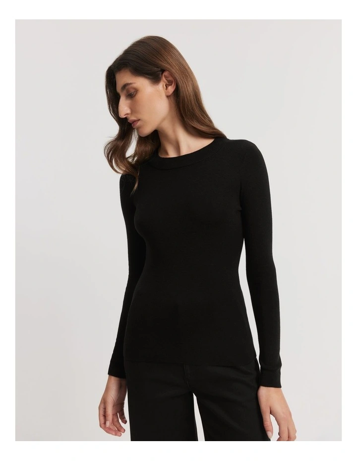 Australian Merino Wool Silk Crew Knit Top in Black image 1