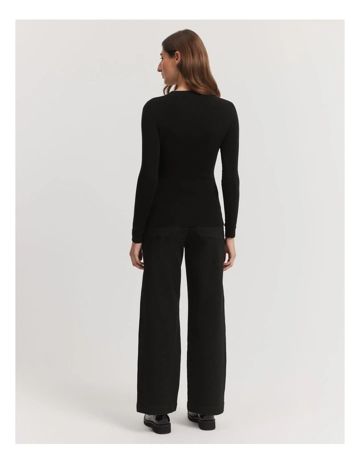 Australian Merino Wool Silk Crew Knit Top in Black image 4