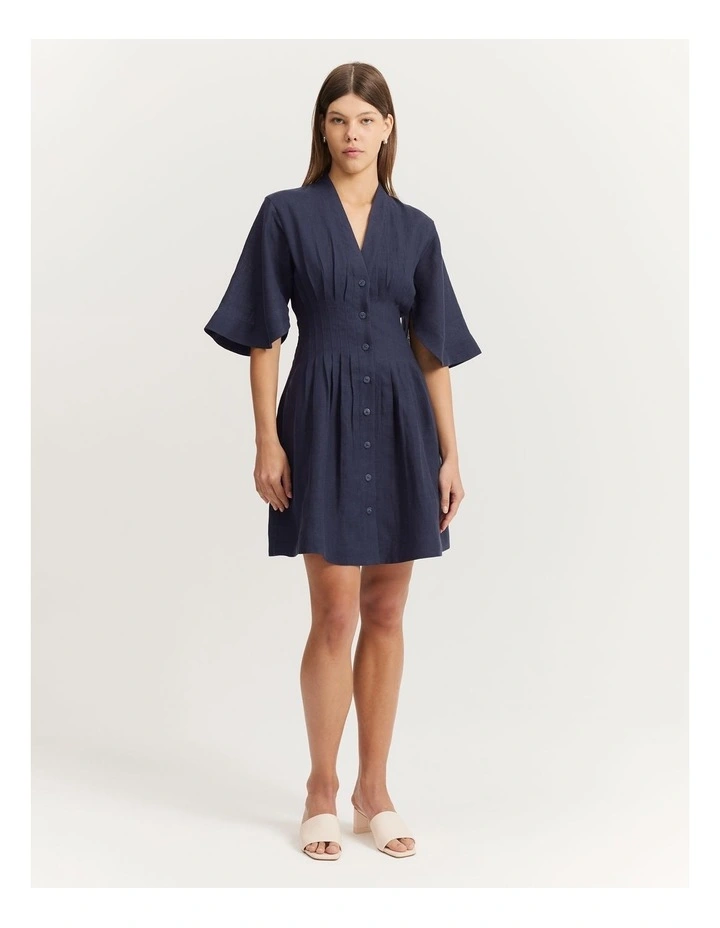 Linen Darted Mini Dress in Navy image 1