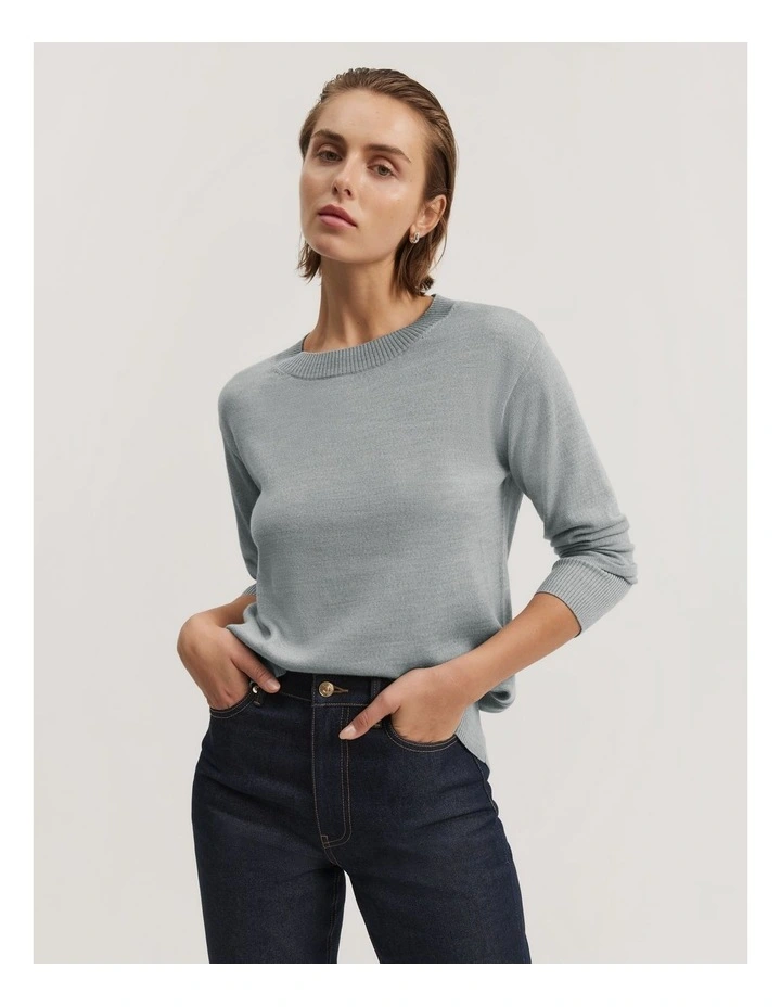 Australian Merino Wool Crew Neck Knit in Light Grey Marle image 1