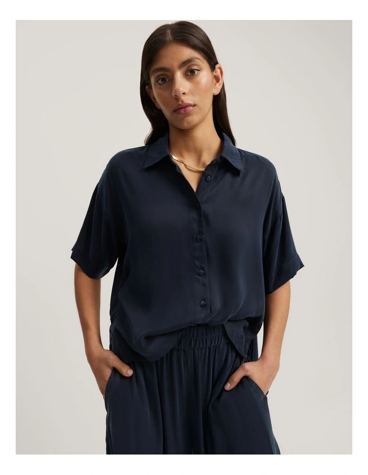 Cupro Button Detail Shirt in Navy image 1