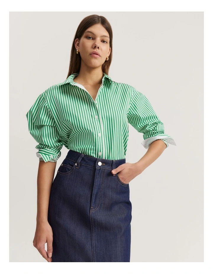 Australian Cotton Stripe Relaxed Oxford Shirt in Green Stripe image 1