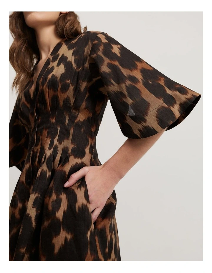 Organically Grown Linen Print Darted Mini Dress in Leopard image 2