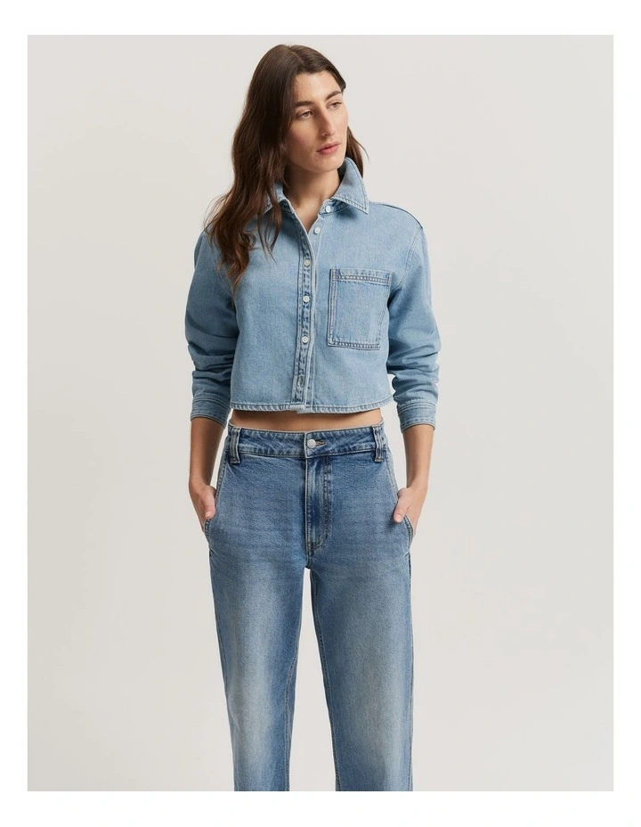 Cotton Blend Cropped Denim Shirt in Aged Soft Wash image 1