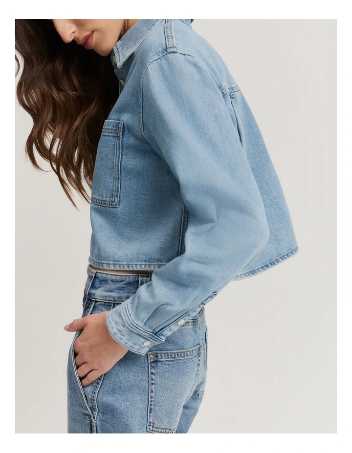 Cotton Blend Cropped Denim Shirt in Aged Soft Wash image 2