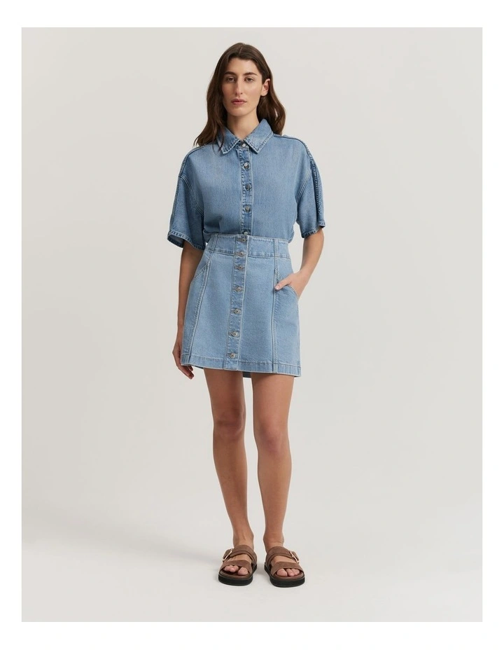 Cotton Blend Denim Button-Through Skirt in Aged Soft Wash image 2