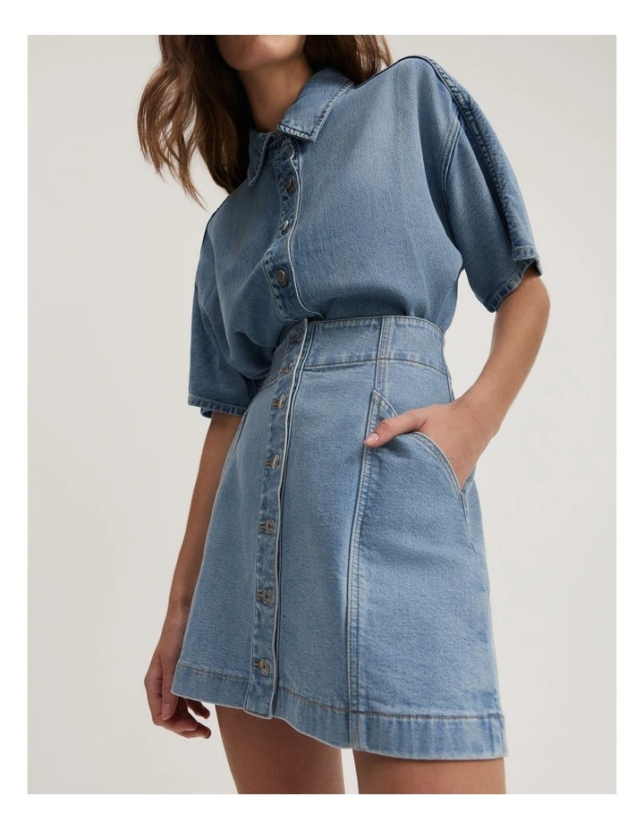 Cotton Blend Denim Button-Through Skirt in Aged Soft Wash image 3