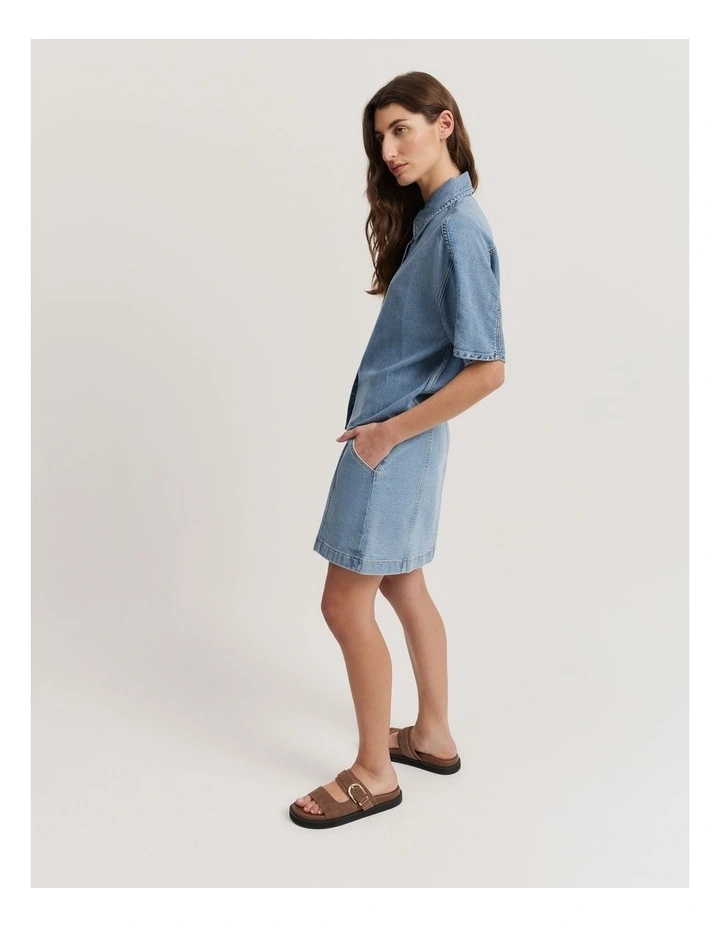 Cotton Blend Denim Button-Through Skirt in Aged Soft Wash image 4