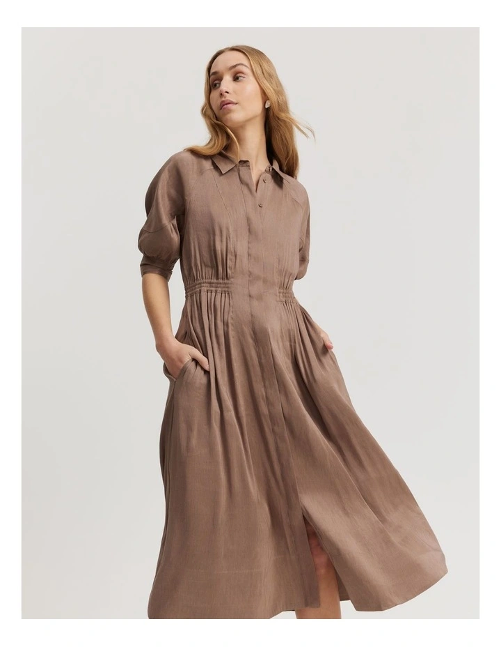 Organically Grown Linen Blend Fluid Cinched Shirt Dress in Mocha image 1