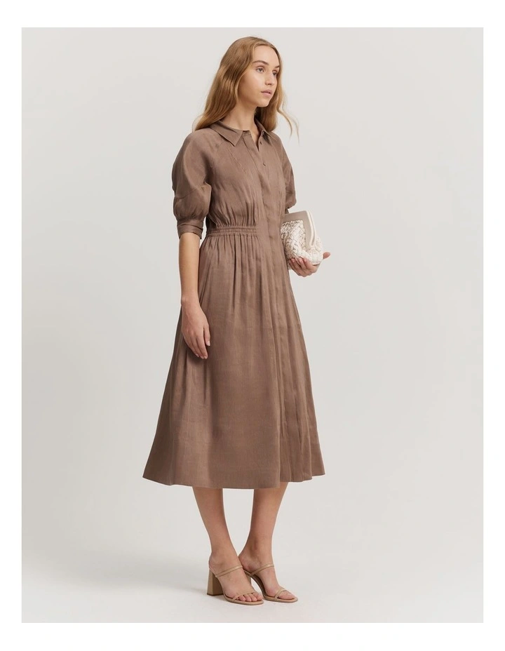Organically Grown Linen Blend Fluid Cinched Shirt Dress in Mocha image 2