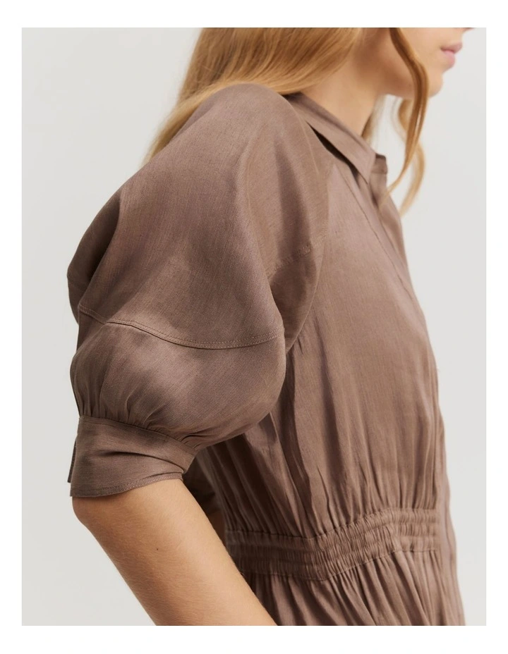 Organically Grown Linen Blend Fluid Cinched Shirt Dress in Mocha image 3
