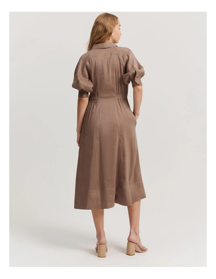 Organically Grown Linen Blend Fluid Cinched Shirt Dress in Mocha image 4