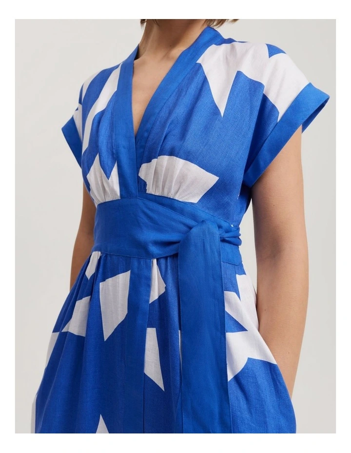 Linen Print Wrap Midi Dress in Sapphire Geo Print image 2
