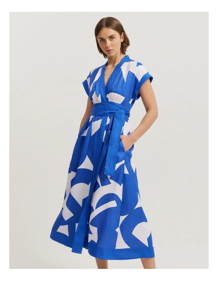 Linen Print Wrap Midi Dress in Sapphire Geo Print image 3