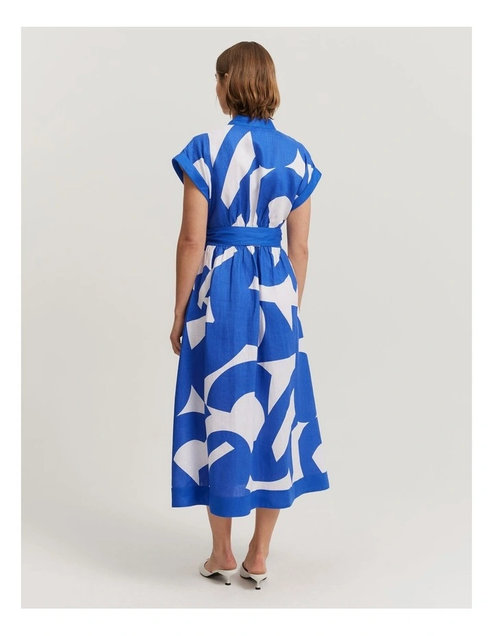 Linen Print Wrap Midi Dress in Sapphire Geo Print image 4