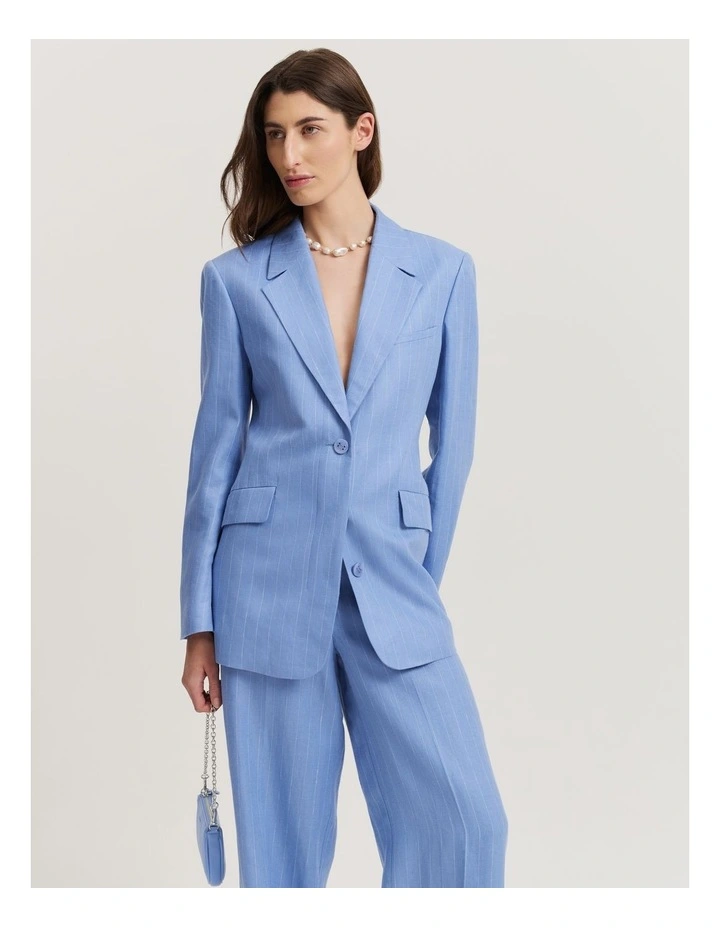 Organically Grown Linen Yarn Dyed Blazer in Blue Pin Stripe image 3