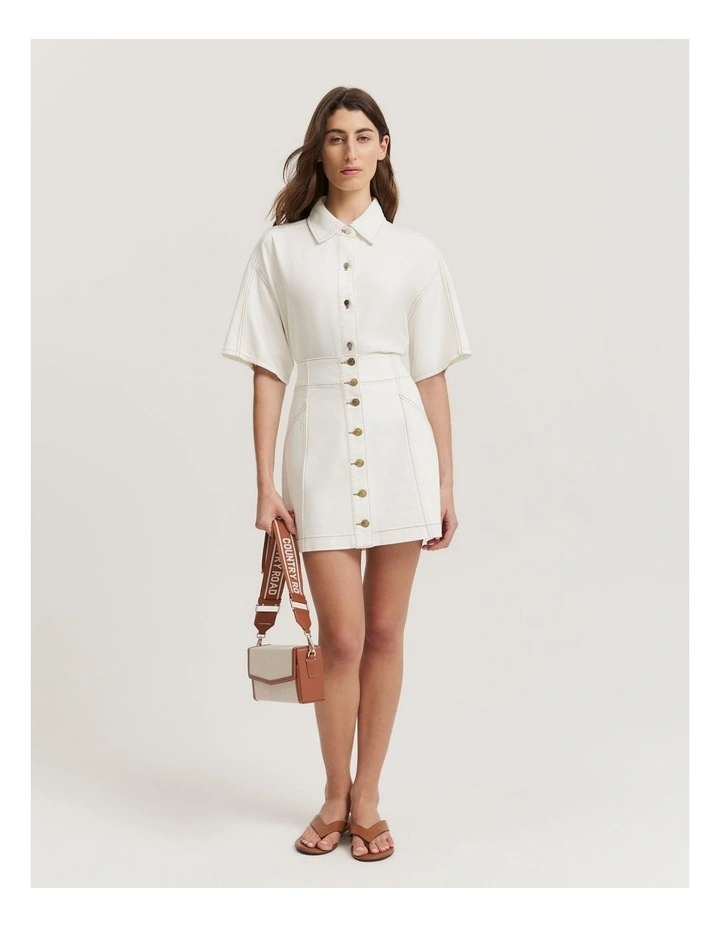 Cotton Blend Denim Button Through Skirt in White image 2