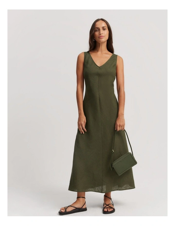 Linen Bias Dress in Dark Olive image 1