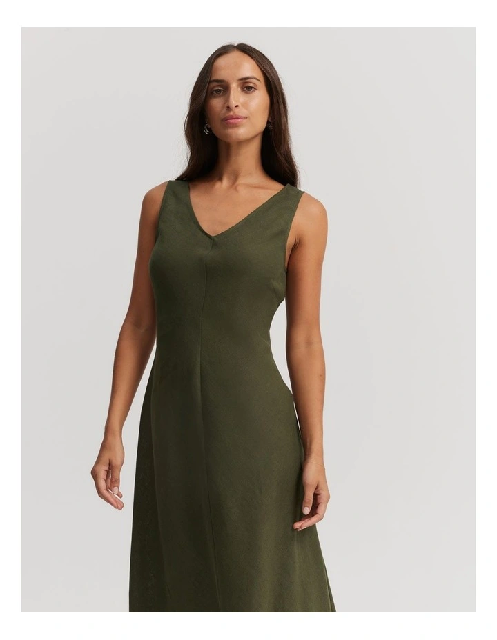 Linen Bias Dress in Dark Olive image 3