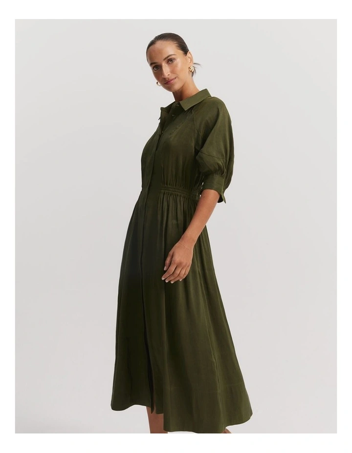 Organically Grown Linen Blend Fluid Cinched Shirt Dress in Dark Olive image 1