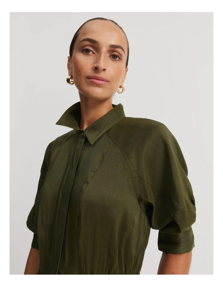Organically Grown Linen Blend Fluid Cinched Shirt Dress in Dark Olive image 2