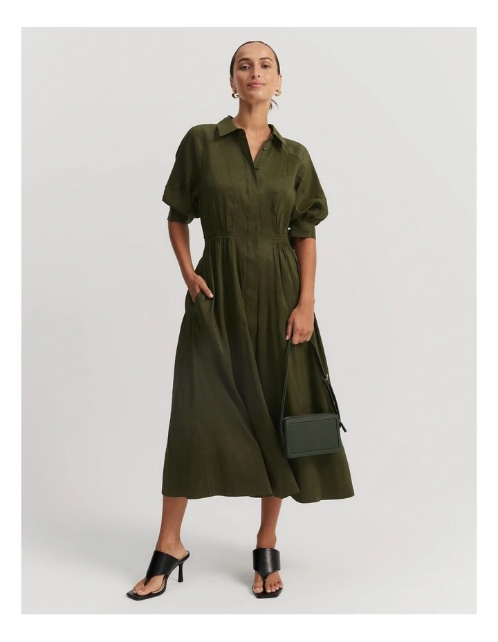 Organically Grown Linen Blend Fluid Cinched Shirt Dress in Dark Olive image 3
