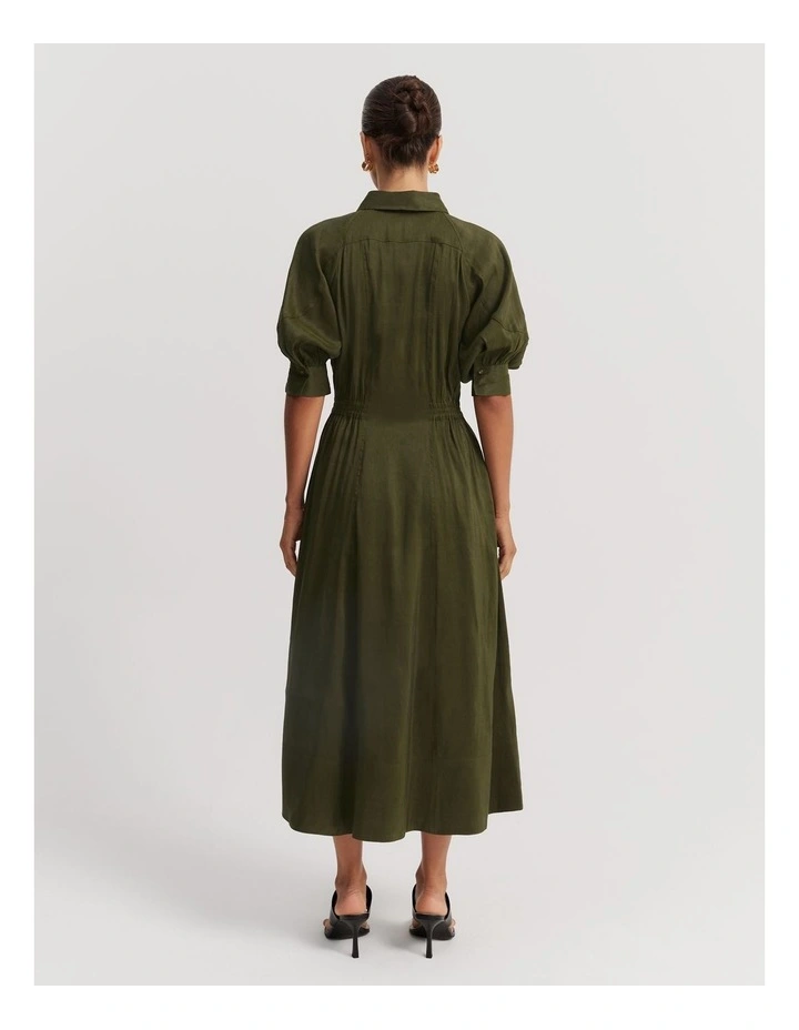 Organically Grown Linen Blend Fluid Cinched Shirt Dress in Dark Olive image 4