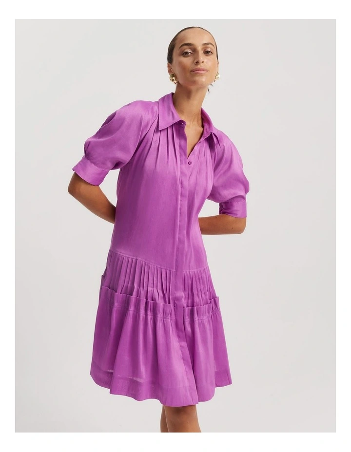 Tuck Detail Short Sleeve Shirt Dress in Vivid Purple image 2