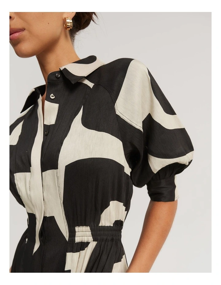 Print Cinched Shirt Dress in Stone Geo image 2