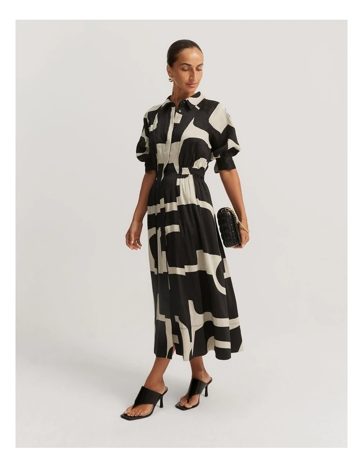 Print Cinched Shirt Dress in Stone Geo image 3