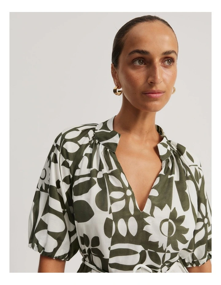 Blouson Sleeve Dress in Olive Splice Print image 2