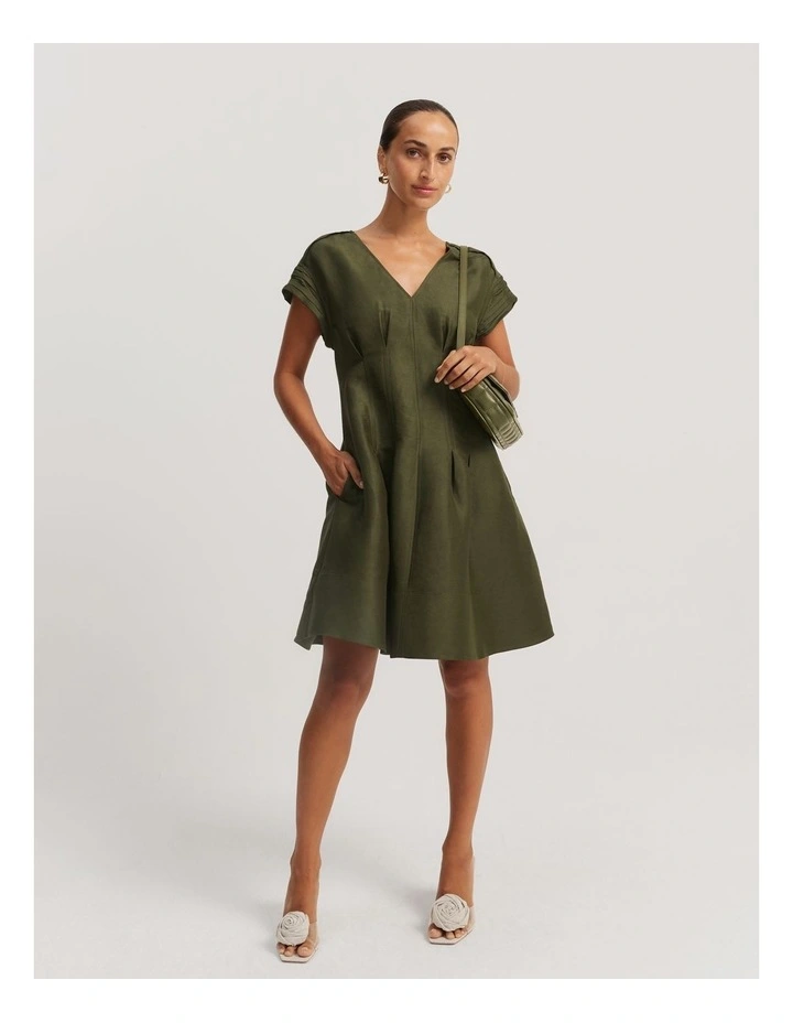 Country Road Tuck Detail Mini Dress in Dark Olive | MYER