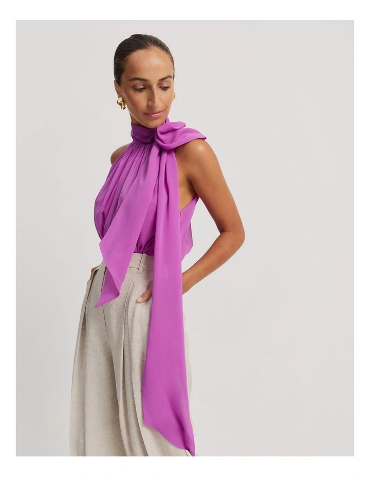 Georgette Pussy Bow Halter Top in Vivid Purple image 3
