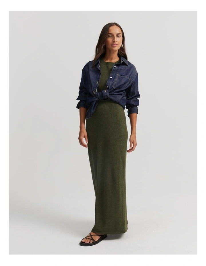 Cotton Linen Maxi Skirt in Dark Olive image 1