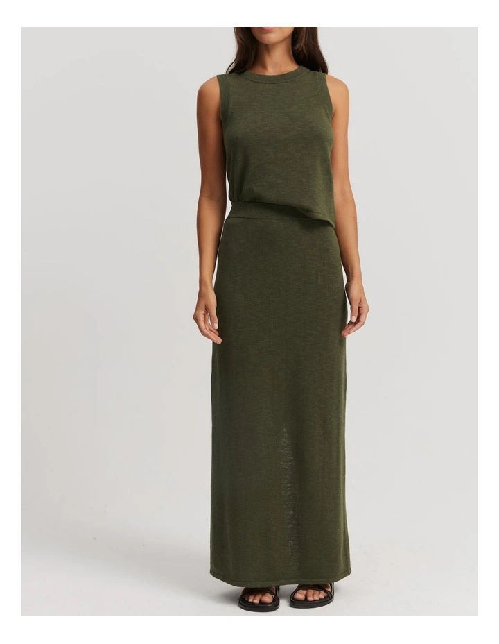 Cotton Linen Maxi Skirt in Dark Olive image 2