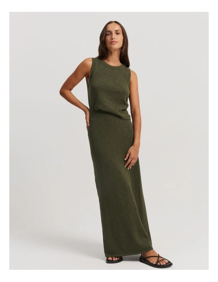 Cotton Linen Maxi Skirt in Dark Olive image 3